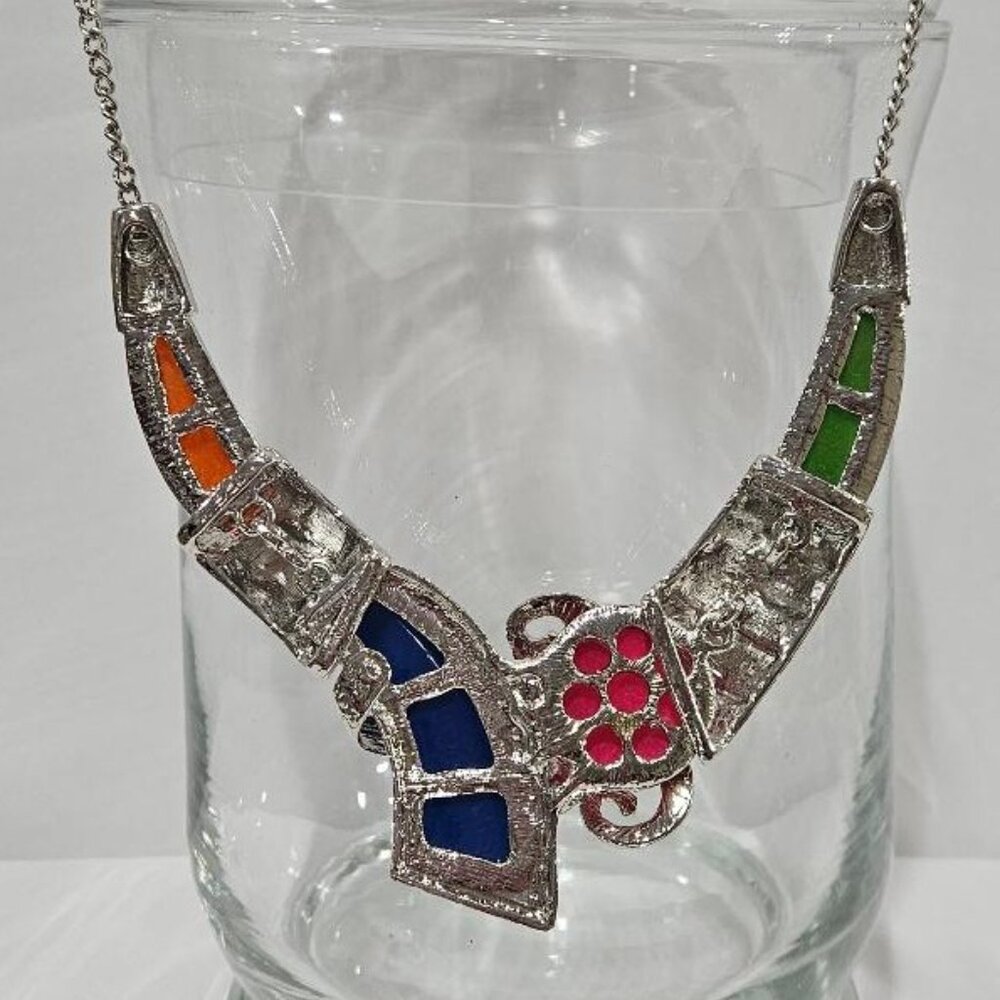 ARTISTICALLY CRAFTED BLUE ORANGE PINK GREEN ACRYLIC SILVER CHOKER NECKLACE BOLD - Picture 3 of 5